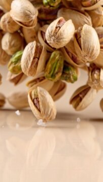 Pistachio nuts falling and scattering on a smooth surface, showcasing their distinct shells and vibrant green kernels in a dynamic arrangement