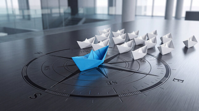 Blue paper boat leading a fleet of white paper boats across a compass rose, symbolizing leadership and direction