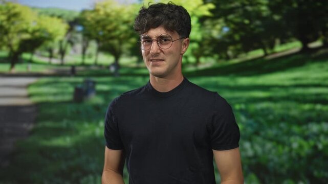 Man grimacing with squinted eyes and round glasses on a sunlit green park path among trees and grass; disgust unease.