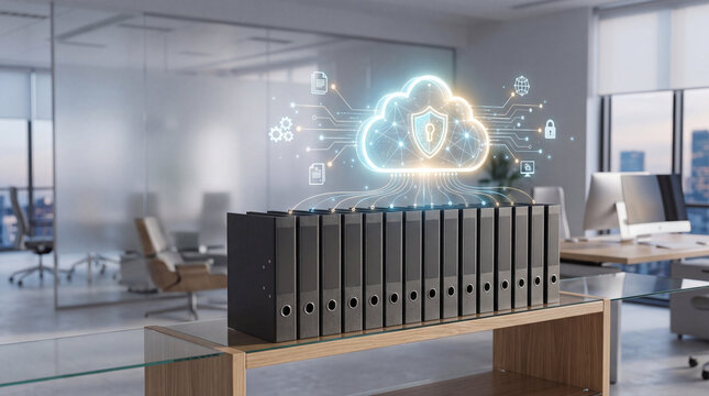 Row of office binders on a desk with a glowing cloud technology icon and digital security symbols, representing data storage and cloud computing concepts in a modern workspace