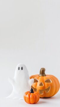 Cute Halloween ghost with jack o lantern pumpkin
