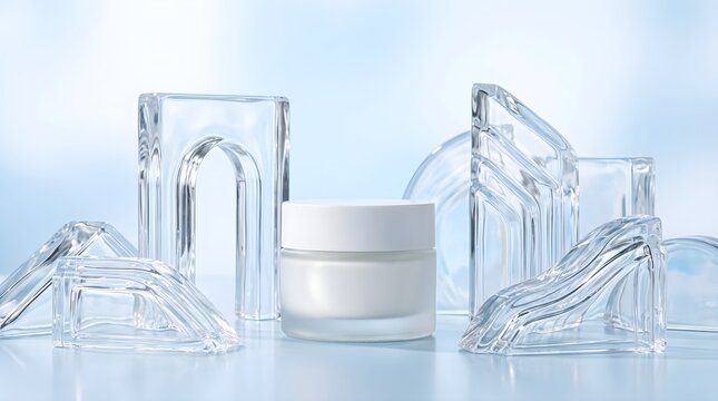 Glass moisturizer cream jar framed by clear water ripples and reflective panels mockup.