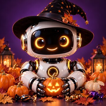 Cute robot wearing a starry wizard hat holding a glowing jack-o'-lantern among pumpkins and autumn leaves, 3D digital illustration for Halloween holiday greeting cards and festive promos