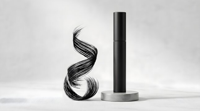 Matte black mascara tube with applicator wand and curved lash extension fibers mockup.