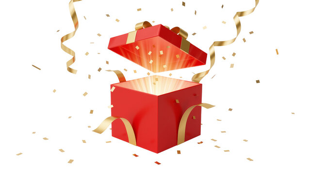 Bright red gift box with golden ribbon bursting with light and confetti, isolated on transparent background
