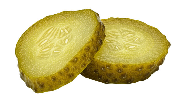 Two dill pickle slices with visible seeds and bumpy skin, isolated on transparent background