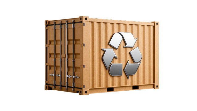 Brown corrugated shipping container with metallic recycling symbol, isolated on transparent background
