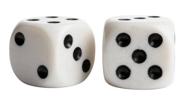 Two white dice with black dots showing numbers six and five, isolated on transparent background