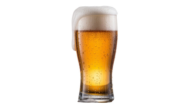 Cold frothy beer with condensation droplets, isolated on transparent background