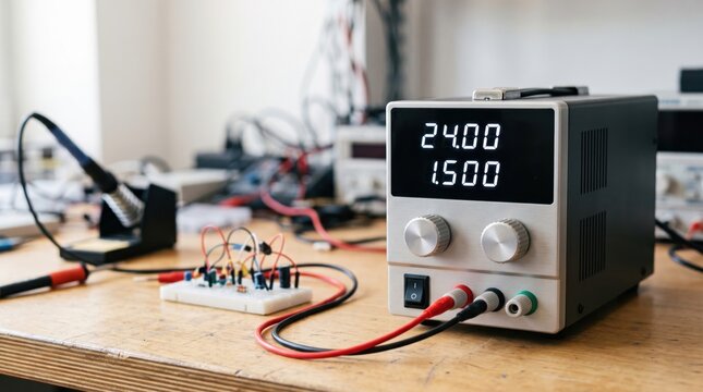 Bench power supply with adjustable voltage leads connected to breadboard prototype. Bench power supply provides consistent current for testing circuits.