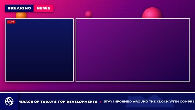 Modern digital breaking news broadcast interface template with live streaming placeholders on abstract purple background