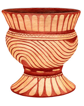 Thai ceramic vessel painted with red ochre floral patterns, Ban Tang Northeast Thailand (300 BC&ndash;650 AD). Pedestaled earthenware jar, cold painted red slip decoration, Iron Age art. Artwork.