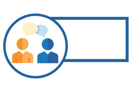 People talking icon with speech bubbles inside circle next to rectangle frame blue colors isolated on checkered background communication connection.