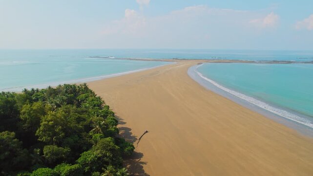 Aerial drone view of famous Whale Tail sandbar at Uvita Marino Ballena National Park Costa Rica
