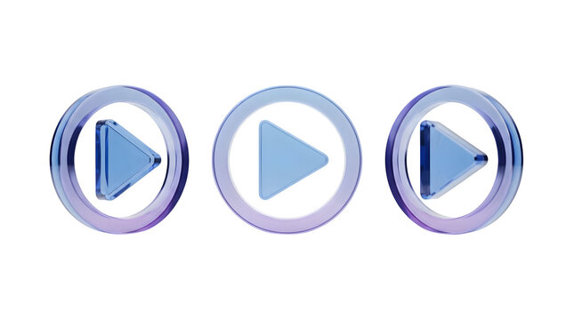 Glassmorphism play button vector icons isolated on transparent background. Three glossy media player symbols