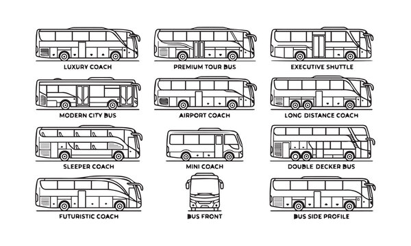 Minimalist bus side profiles and front view icon collection for public transit.