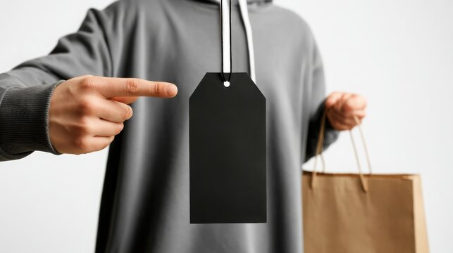 Person in a grey hoodie pointing at a blank black price tag while holding a brown paper shopping bag.