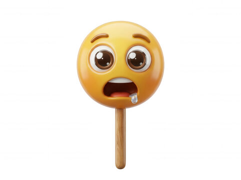 Yellow emoji face with wide eyes and drooling on stick isolated on a transparent background