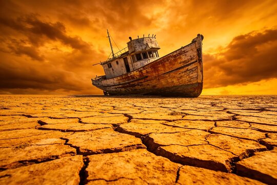 A stranded fishing boat rests on a dried cracked seabed beneath a heavy amber sky in dramatic wide angle composition