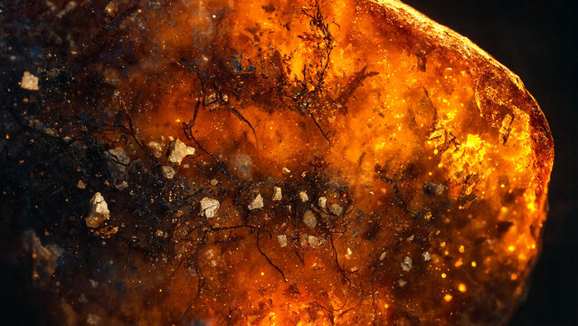 Macro shot of glowing amber resin with organic textures and warm golden light background