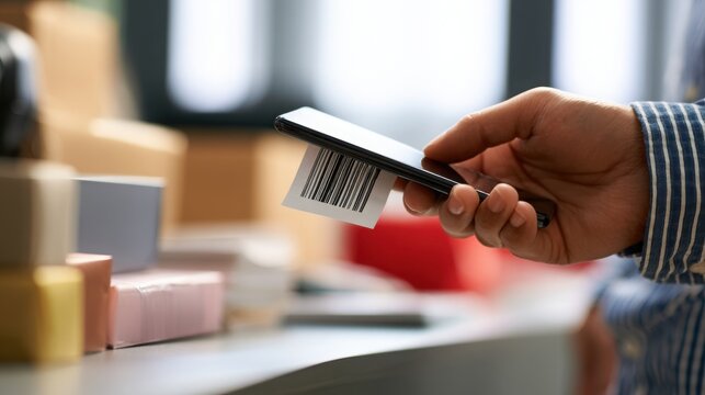 Smartphone held by an employee scans a barcode sticker on a small cardboard package in a warehouse or retail setting.