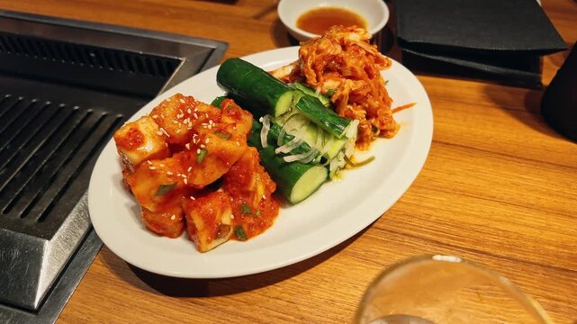 A platter of kimchi and namul. Korean food, kkakdugi, oi kimchi, Korean, pickles, restaurant, yakiniku, yakiniku restaurant