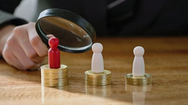 Magnifying glass selecting a red wooden figure among white figures, HR evaluation concept