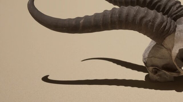 A remarkable skull with long, twisting horns lies on a smooth stretch of golden sand, casting an intriguing shadow in the warm sunlight. The scene captures natures beauty and history.
