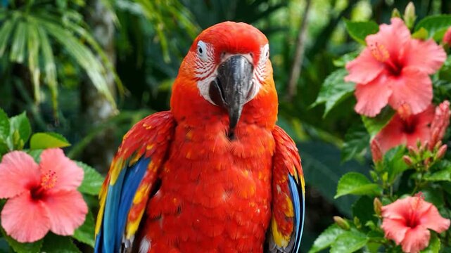 Red macaw parrot among tropical pink hibiscus flowers.