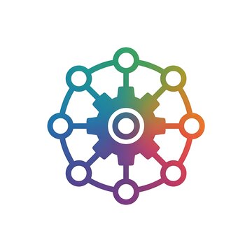Colorful gear icon with connected network nodes