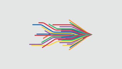 Obraz premium Futuristic pointing arrow shape formed by multiple colorful geometric circuit lines on a light grey background.