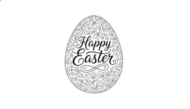 Intricate floral patterns and swirls decorating a large Easter egg with the words Happy Easter written in elegant cursive calligraphy.