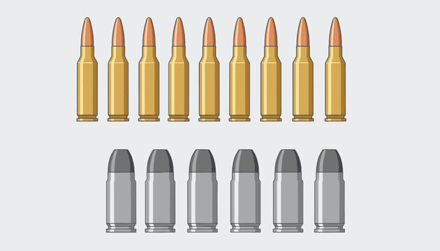 Detailed rows of various rifle and handgun ammunition including rifle cartridges and silver pistol bullets on light gray background.