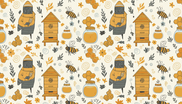 Charming beekeeping pattern featuring beekeepers in suits, wooden beehives, flying honeybees, and jars of fresh golden honey.