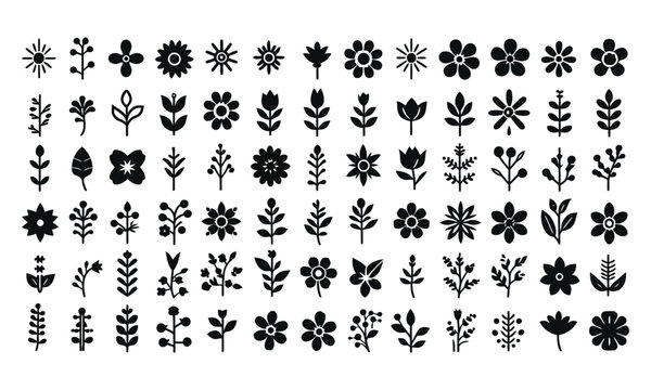 Scandinavian folk floral icons, 84 black minimalist flower silhouettes. Nordic botanical vector elements for branding and pattern design.