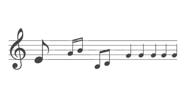 Black treble clef and musical notes on a classic five line staff representing melody, music, and song composition.