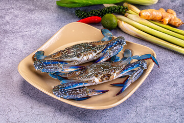 Fresh blue crabs on beige plate with lemongrass, ginger, lime, chili and peppercorns against textured gray background © Andrei Starostin