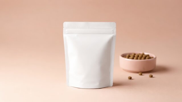 Blank white stand up pouch packaging mockup beside a pink bowl filled with dry pet food kibble on a soft pastel pink background with scattered pellets and clean studio lighting setup