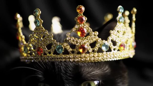 Golden royal crown resting on a fluffy black cat head in studio
