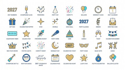 Naklejka premium New Year 2027 celebration icon set with festive holiday party symbols and design elements
