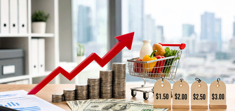 Rising food prices and grocery inflation concept with shopping cart and coins