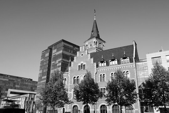 Cologne, Germany - Hafenamt. Architecture in Germany. Black and white retro vintage photo.