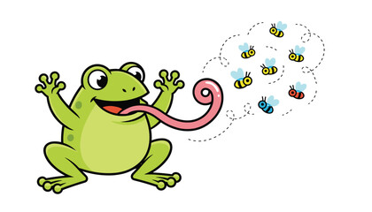Obraz premium Cute cartoon frog uses its incredibly long sticky tongue to catch a swarm of flying bees in a simple design.