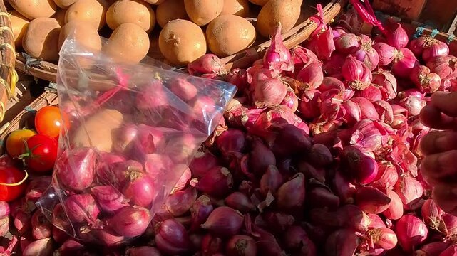 POV Video of Hand selects vibrant red shallots at bustling market stall. Sunlight glints off fresh produce piled high. Natural colors pop against wooden crates. Market scene captures simple, daily 