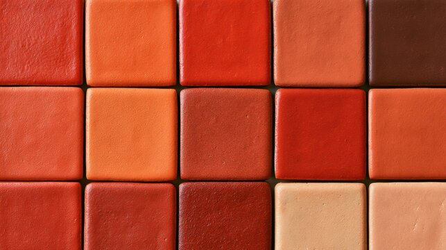 A grid of terracotta ceramic tiles is arranged with warm glaze shades. The artisan pattern creates a backdrop with open space.