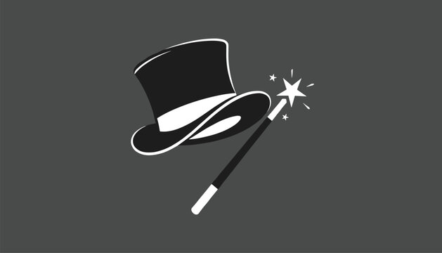 Magic top hat and sparkling star magic wand icon illustration in simple monochrome style on a dark grey background.
