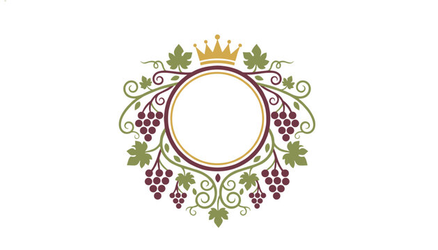 Decorative vineyard crest template featuring a golden crown purple grapes and ornate green vine leaves on white.