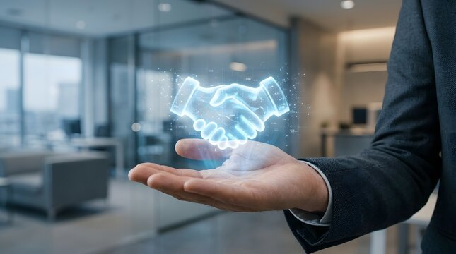 A business person holding a glowing digital handshake icon representing a successful partnership and modern corporate deal making