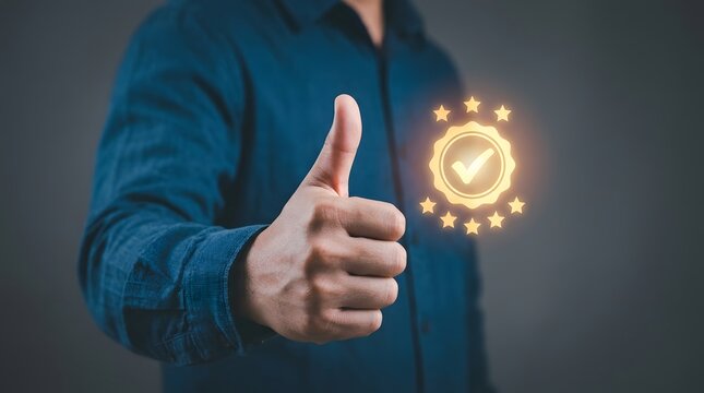 A businessman showing a thumbs up gesture with a glowing quality assurance checkmark icon floating beside his hand