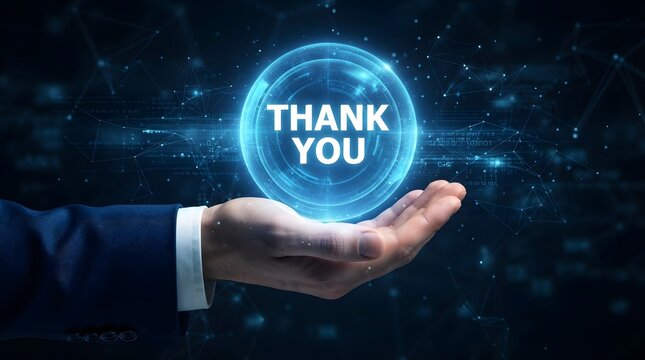 A businessman holding a glowing digital sphere with the words thank you floating above his open palm